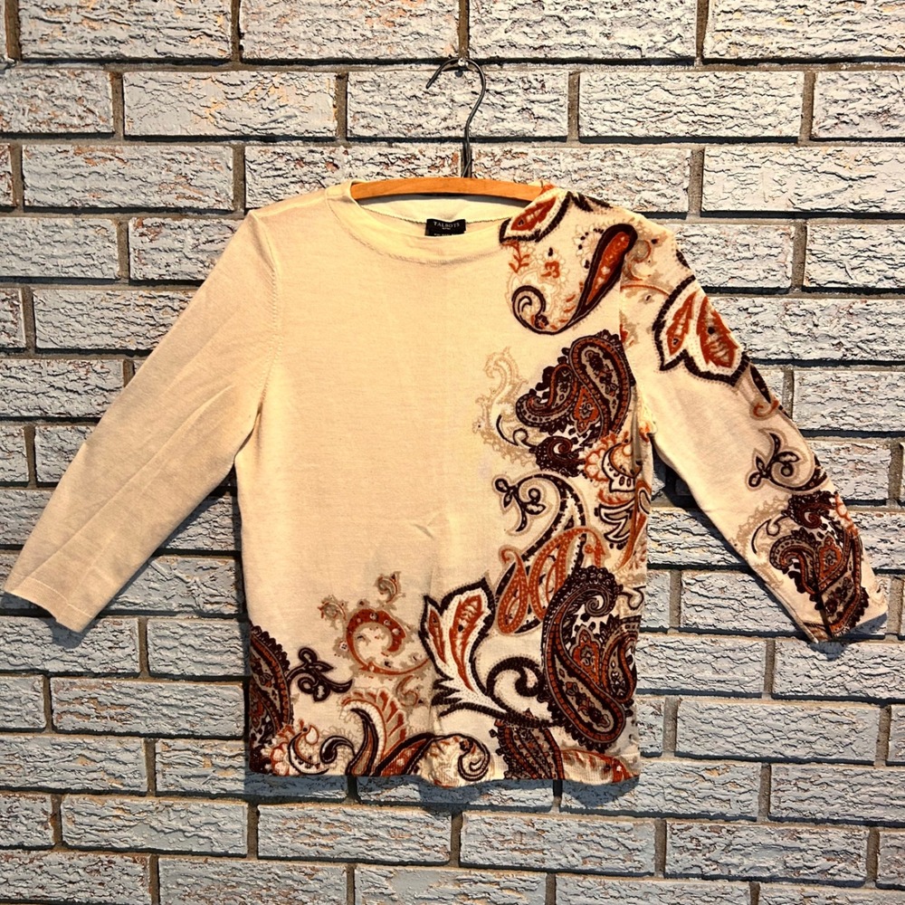 Talbots Petites Pure Merino Wool Fall Paisley Sweater Cream Orange SP